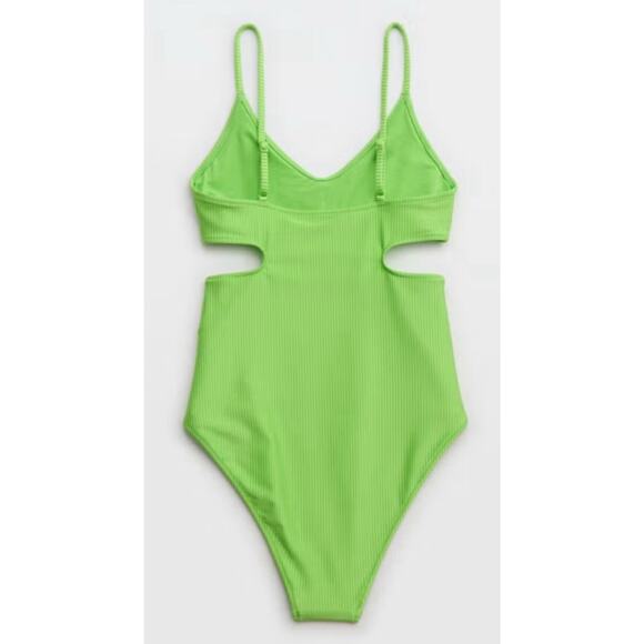 Aerie Women's Shine Rib Voop Cheeky One Piece Cut Out Swimsuit XL Lime Green - Picture 3 of 6